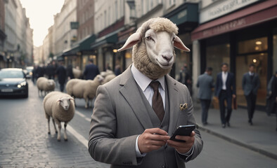 Naklejka premium sheep in suit using mobile phone on city street , detailed, 8k uhd, high quality, film grain, canon, 50mm, dramatic light