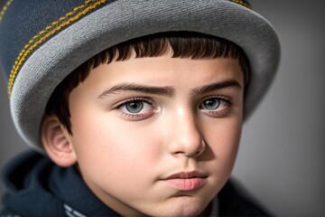 A young boy wearing a hat and looking up at the camera.