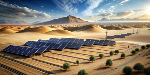 Renewable energy generation using solar panels in the arid desert landscape for sustainable development and environmental conservation - obrazy, fototapety, plakaty