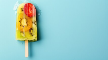 Colorful fruit popsicle with kiwi and strawberry slices against blue background