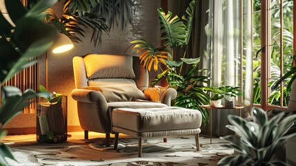 Cozy living room featuring a comfy armchair, warm lamplight, lush greenery, and a chic ottoman on a plush carpet. Explore modern interiors and real estate trends in our blog. - obrazy, fototapety, plakaty