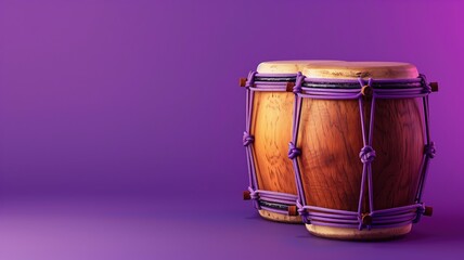 Fototapeta na wymiar Two conga drums against purple background, with focus on their wood textures and rope tensioning systems