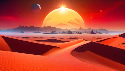 Foto op Canvas Surreal alien landscape with red sand dunes under a large sun with two moons in the sky, depicting a science fiction or fantasy scene on an extraterrestrial planet. © Vas