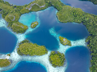 The scenic limestone islands of Pef, fringed by reef, rise from Raja Ampat's tropical seascape....