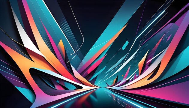 Abstract digital art with dynamic lines and geometric shapes in vibrant colors on a dark background, conveying a sense of futuristic speed and technology.