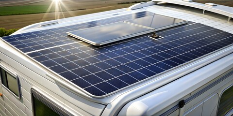 Sustainable travel concept with solar panels mounted on top of a van - obrazy, fototapety, plakaty