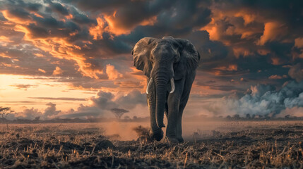 Majestic elephant at sunset in african savannah