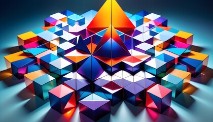 Abstract 3D illustration of multicolored, geometric shapes forming a pyramid-like structure with a prominent orange peak against a gradient blue background.
