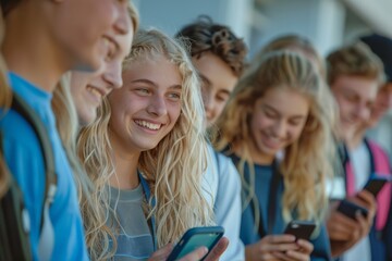 Fototapeta premium Happy teenagers grouped together looking at smartphones, sharing content, and enjoying social interaction. Group of Teenagers Sharing Content on Smartphones
