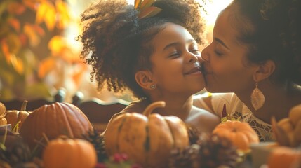 A woman and child kissing each other in front of a bunch of pumpkins, AI - Powered by Adobe