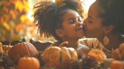 Foto op Plexiglas A woman and child kissing each other in front of a bunch of pumpkins, AI © starush