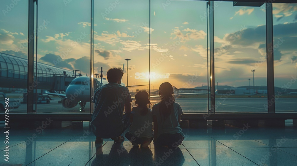 Wall mural A family sitting in an airport terminal watching a plane take off, AI