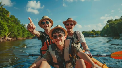 Three people in a canoe on the water pointing at something, AI - obrazy, fototapety, plakaty