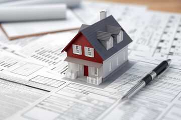 layout of a two-storey house, standing on purchase agreement,next to it are documents and a pen,concept of investing in real estate,mortgage on house,purchase and construction of housing,mortgage loan