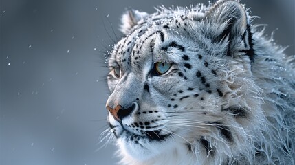 Obraz premium Beautiful portrait of a snow leopard in the snow in winter. Close-up photo of a snow leopard. Big cat. Poster print snow leopard.