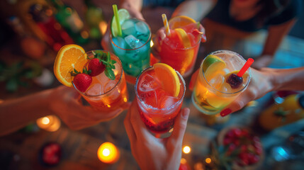 A group of people are holding up their drinks, which include a variety of colorful cocktails. Scene is celebratory and happy. Top-View Shot of friends toasting colorful cocktails over a pub table