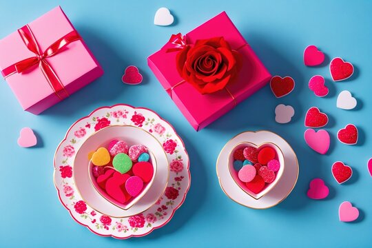 A pink heart-shaped dish filled with colorful candy hearts, surrounded by pink and red roses.