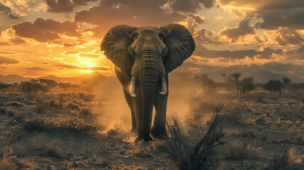 Majestic elephant at sunset in savannah - obrazy, fototapety, plakaty