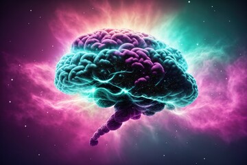 A stylized representation of the human brain, with pink and purple clouds surrounding it.