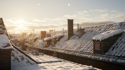 House rooftop with sharp spiked icicles in winter season. - obrazy, fototapety, plakaty