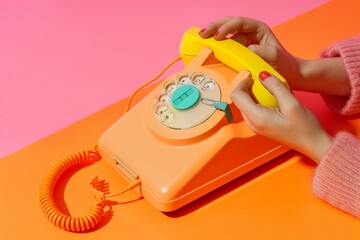 A woman is holding a yellow phone with a blue button on it
