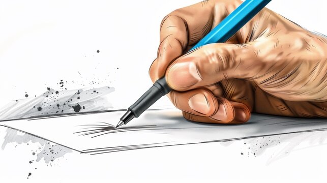A hand drawing a picture with a blue pen on paper, AI
