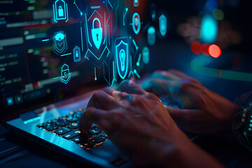 A person's hands are typing on their laptop with an abstract digital shield and keyhole icon hovering above a keyboard. Concepts of network security, private access, and data protection. 