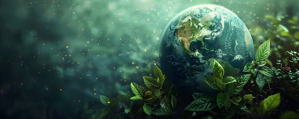 Obraz na płótnie Canvas Green world on dark background with copy space. Earth day, environment protection concept.
