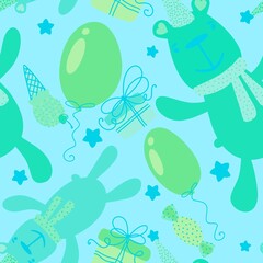 Birthday cartoon animals seamless bears and balloons and gift box and ice cream pattern for wrapping paper