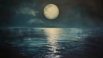 Fotobehang Twilight Tempest: Moon's Embrace Alights the Ocean's Surface © Aykhan