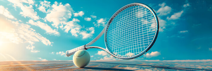 White tennis racket with a blue sky background,
A 3D rendering of a tennis racket striking a tennis ball on a blue background - obrazy, fototapety, plakaty