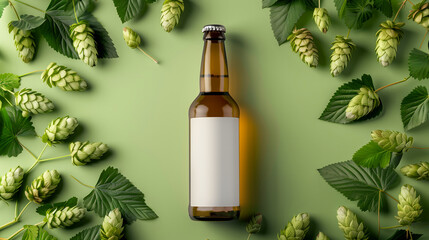 A bottle of beer is on a green background with green leaves. a beer bottle mockup with absolutely white blank label, laying down on a flat surface, surrounded by many hops adv inspired, ad poster