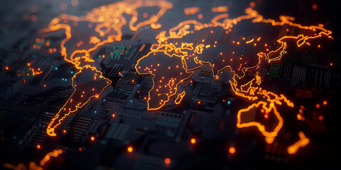 World map made of glowing printed circuits, global network and connectivity, data transfer and technology, artificial intelligence, information exchange, international telecommunications and business