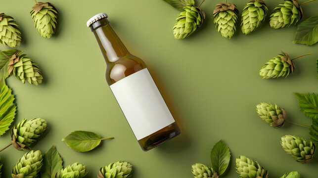 A bottle of beer is on a green background with green leaves. a beer bottle mockup with absolutely white blank label, laying down on a flat surface, surrounded by many hops adv inspired, ad poster