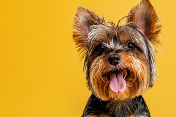 A small dog with a tongue sticking out is looking at the camera