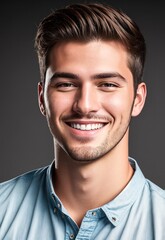 Obraz premium A young man with a beard smiling and wearing a blue shirt.
