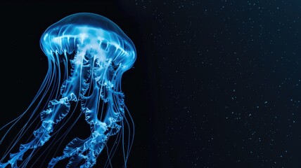 Glowing blue jellyfish against dark ocean background with small light specks resembling stars - obrazy, fototapety, plakaty