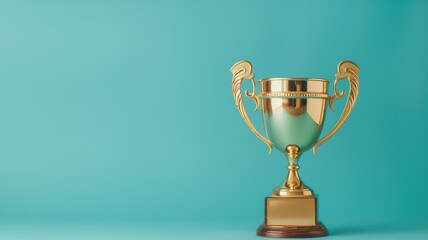 Golden trophy on teal blue background, symbolizing achievement and success