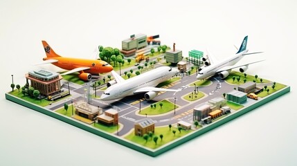 Miniature airport with airplane in isometric view isolated on white background.
