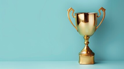 Golden trophy cup against blue background, symbolizing achievement and success - obrazy, fototapety, plakaty