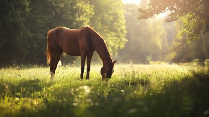 Naklejka premium Serene image of brown horse grazing in sunlit field surrounded by trees