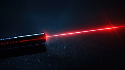 Red laser beam emanating from metallic cylindrical device on dark surface - obrazy, fototapety, plakaty