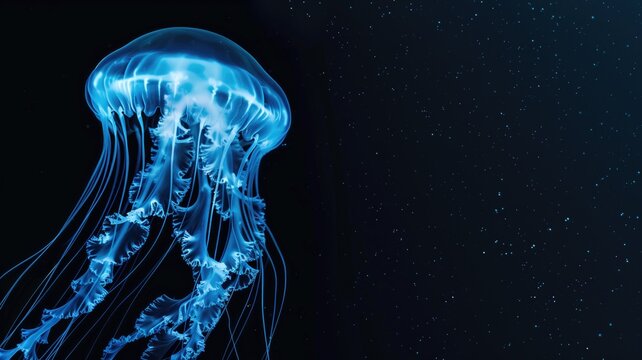 Glowing blue jellyfish against dark ocean background with small light specks resembling stars