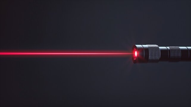 Red laser beam projecting from metal pointer against dark background