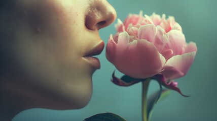 Close-up of person's lips almost touching pink peony flower against blue background - obrazy, fototapety, plakaty