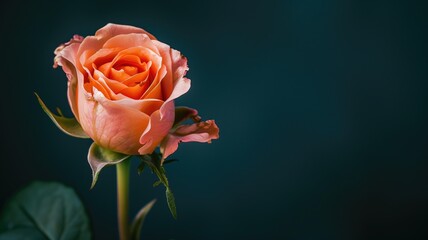 Single peach-colored rose against dark blue background, showcasing delicate and elegant bloom with soft lighting