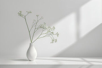 White vase with three delicate flowers. White background