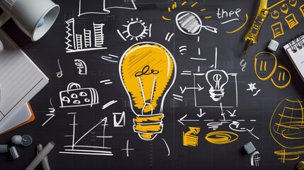A blackboard with a light bulb drawn on it and a bunch of other drawings. The light bulb is surrounded by a yellow circle. content marketing corporate strategy