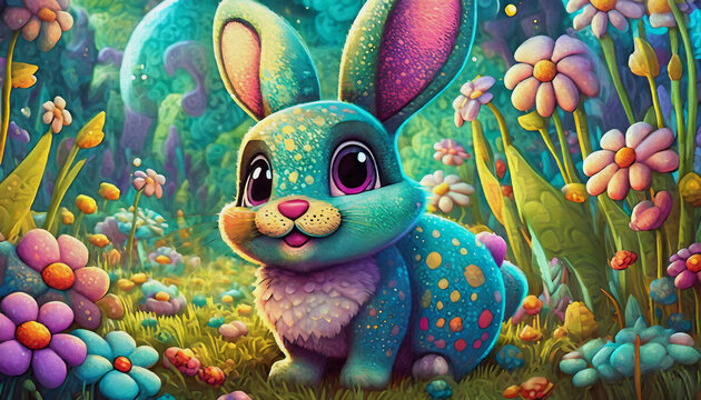 OIL PAINTING STYLE Cartoon character large Cute little bunny in grass,