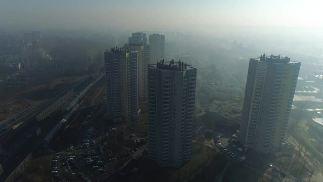 Aerial View On Fog Star Skyscrapers. Beautiful Silesian Climate